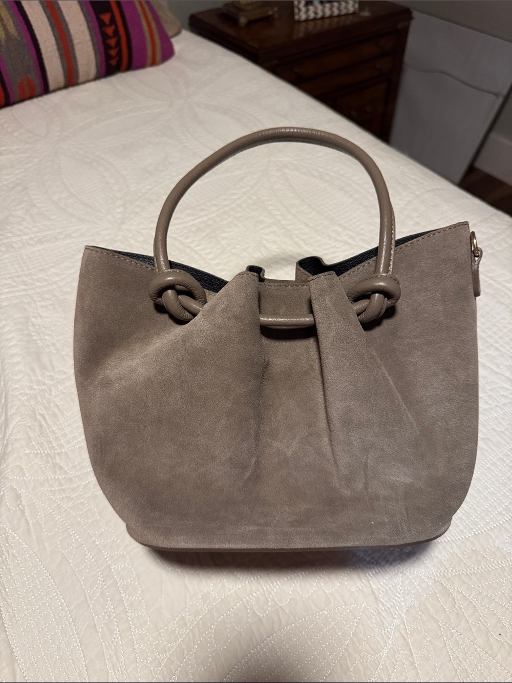 Suede Knot-Handle Shoulder Bag in Taupe